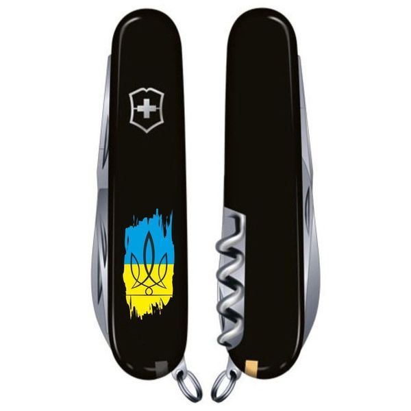 Ніж Victorinox Huntsman Ukraine (91мм, 15 функцій) чорний/ Тризуб фігурний на тлі прапора Vx13713.3_T1026u фото